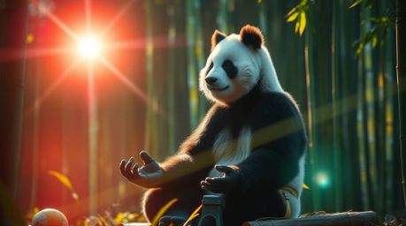 Immerse yourself in a vibrant image showcasing a graceful and elegant martial artist panda deeply meditating within a serene 
