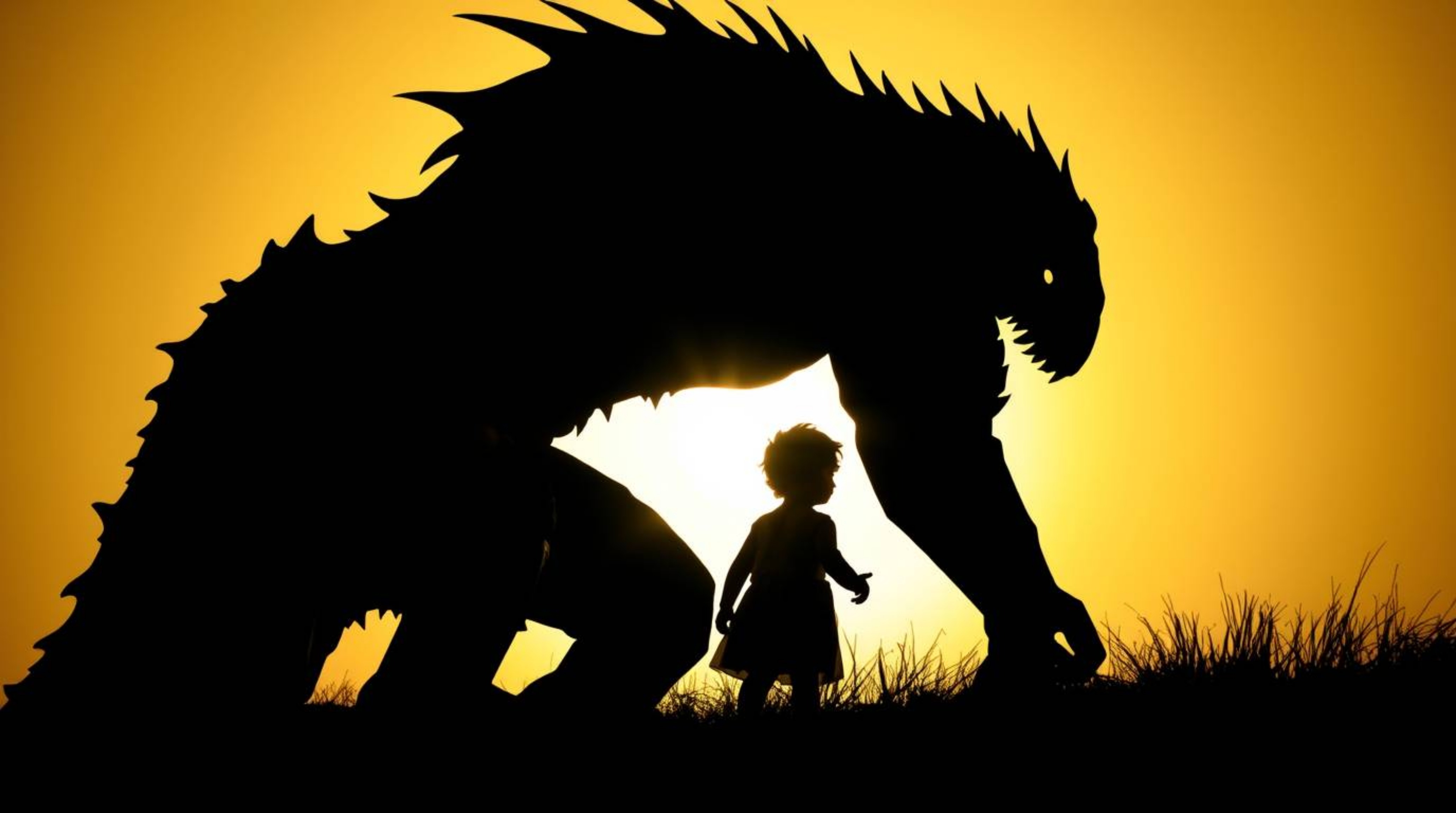 A heartwarming and visually striking image depicting a silhouetted monster under the bed forming an unlikely friendship with 