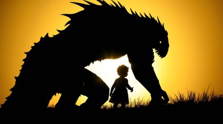 A heartwarming and visually striking image depicting a silhouetted monster under the bed forming an unlikely friendship with 