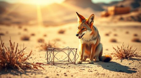 This high-resolution stock photo captures a vibrant coyote, its fur displaying contrasting colors, engaged in setting up a co