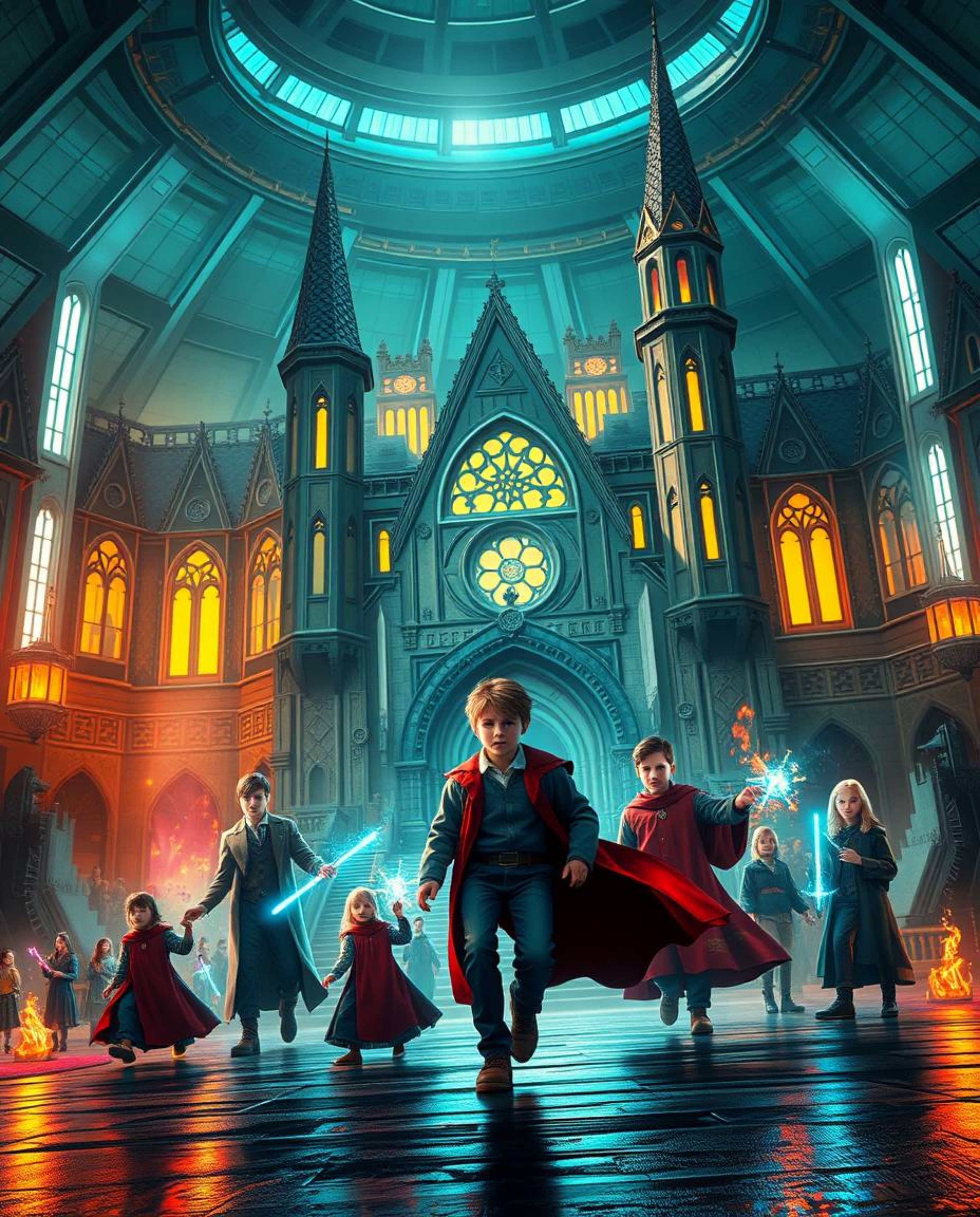Discover an epic, modern, and futuristic magical school filled with young wizards. This scene features distinct split composi