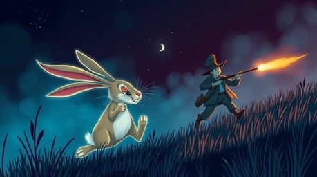 An elegant illustration showcasing a wacky rabbit skillfully outrunning a hunter with slapstick humor, rendered in stunning b