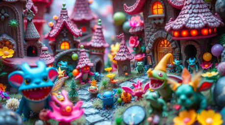 Immerse yourself in an extreme macro close-up of a fantastical kingdom teeming with quirky magical creatures, brought to life
