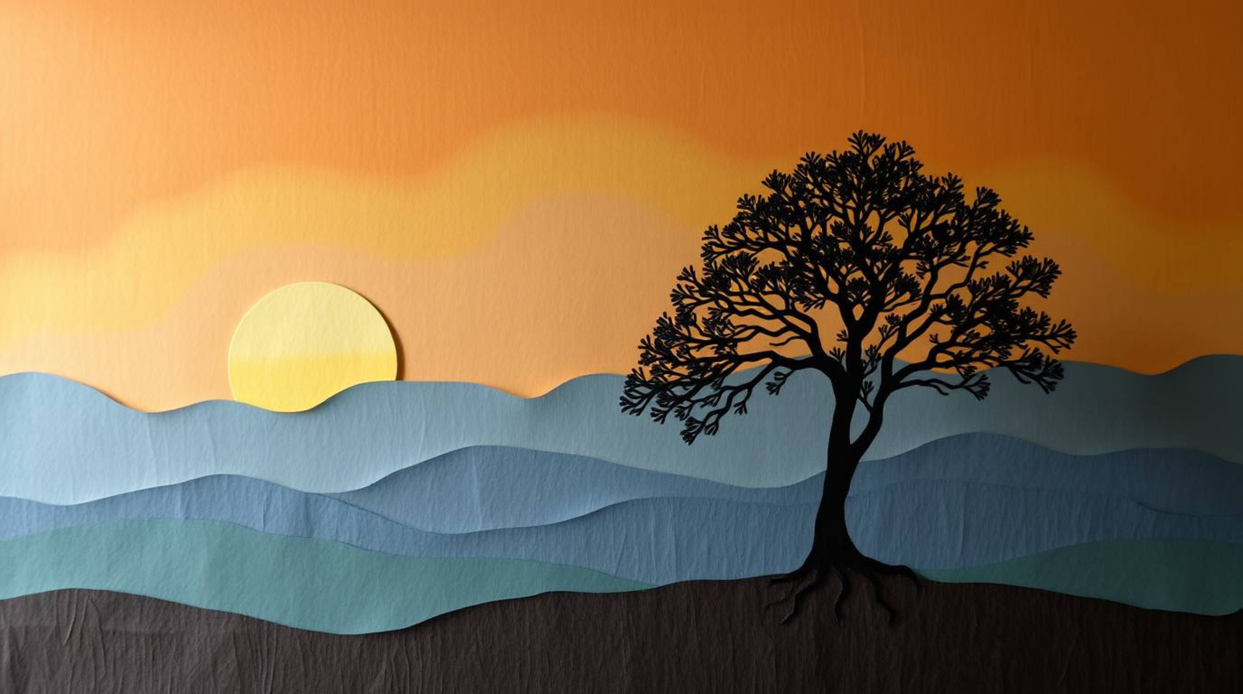 A lone tree silhouetted against a fiery sunset, crafted from layered papier-mâché with a textured surface and gentle color co