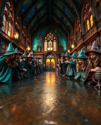 Discover a captivating low-angle view of a magical school brimming with young wizards, exquisitely detailed on a cast bronze
