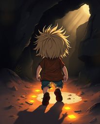 A dramatic cinematic illustration depicts a child with messy blond hair embarking on a mysterious journey into a dark cave, g