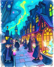 Explore a vibrant and magical world with this hand-drawn color sketchnote of a wizarding school. Filled with young wizards an