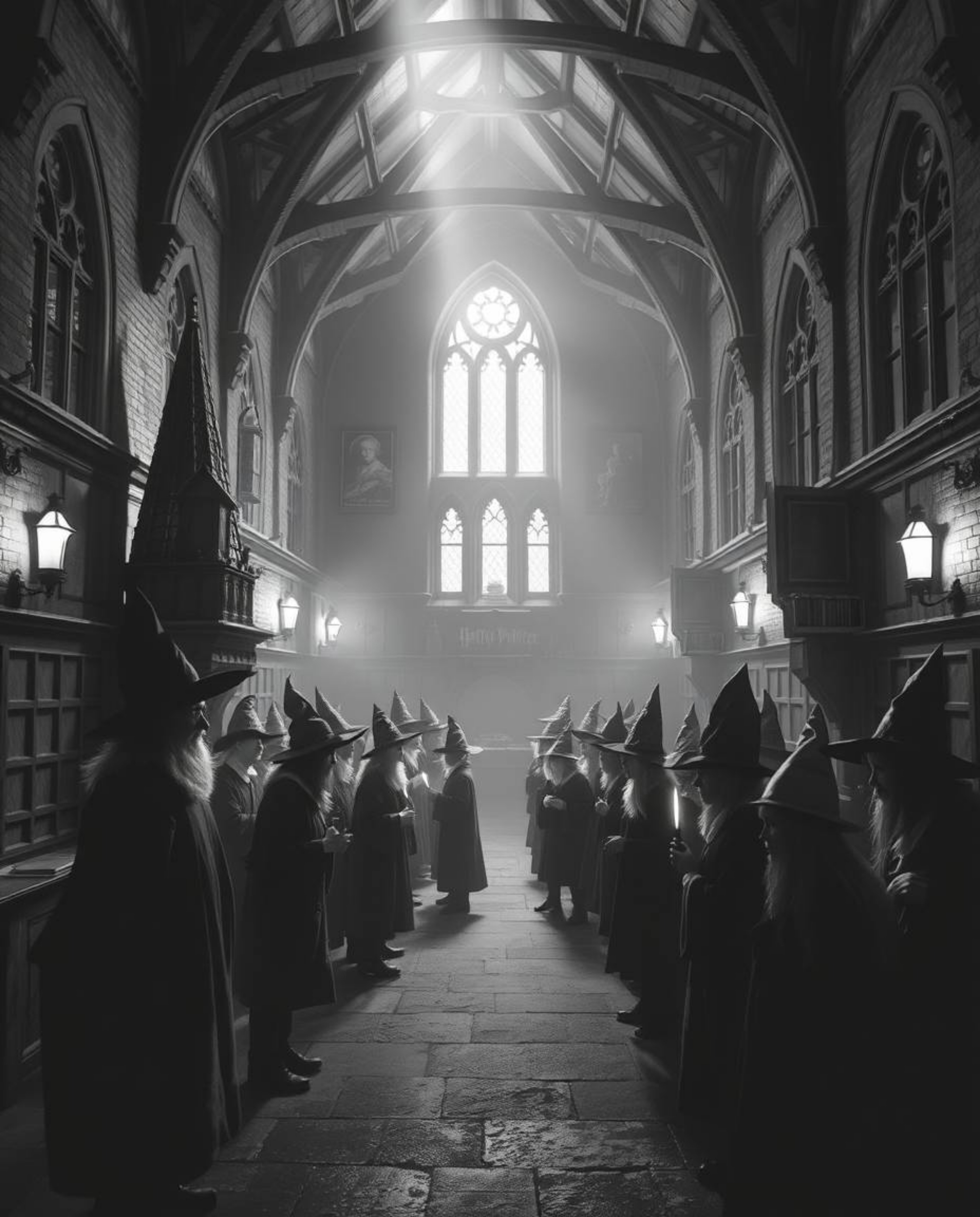 Discover a timeless and elegant depiction of a magical school brimming with young wizards.  Rendered in classic black and whi