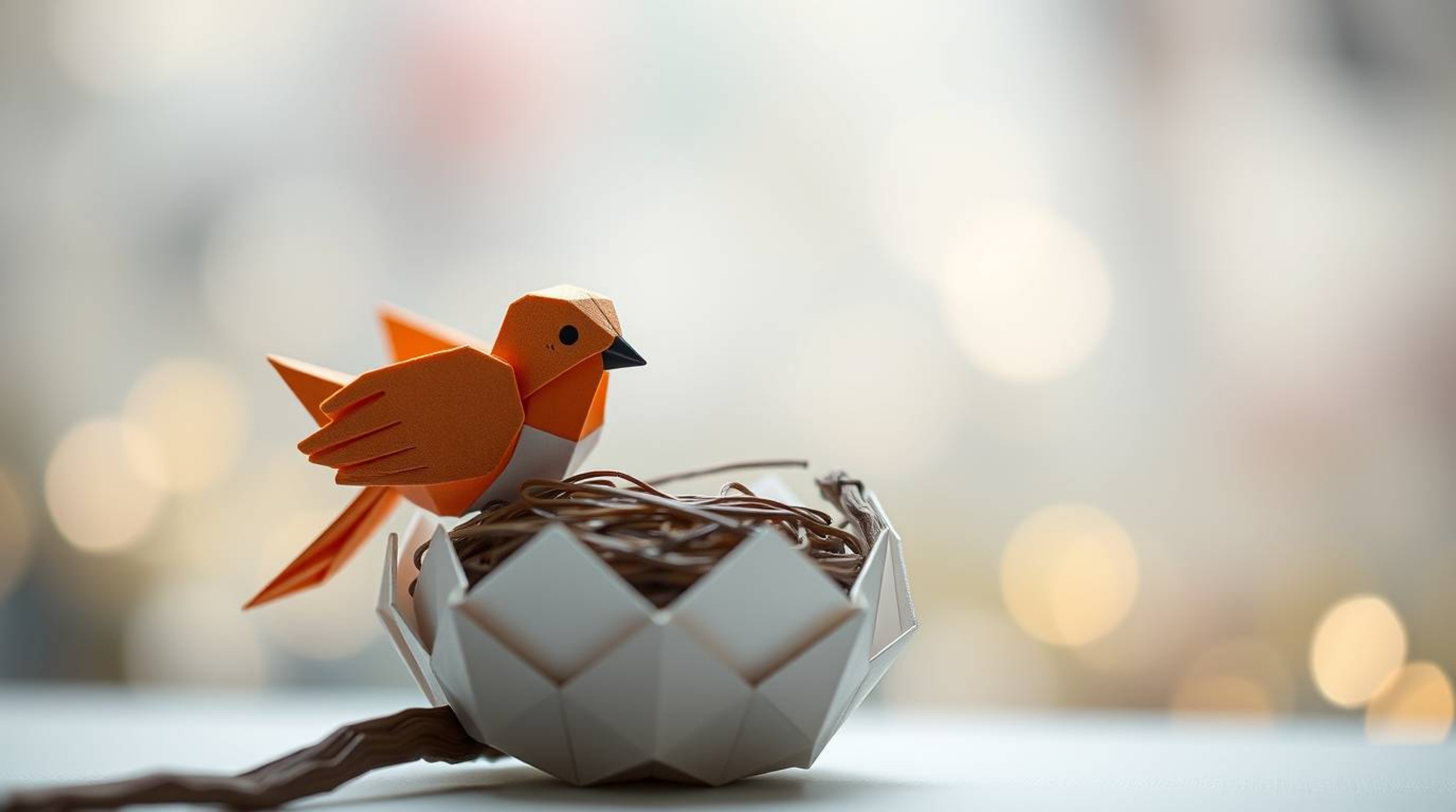 This charming animation depicts two cartoon birds meticulously constructing a nest using an intricate origami style.  The cla