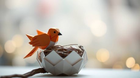 This charming animation depicts two cartoon birds meticulously constructing a nest using an intricate origami style.  The cla