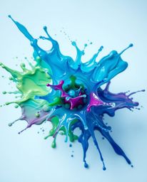 This overhead bird's-eye view captures a mesmerizing moment of a colorful paint splash frozen in mid-air. The blues, greens, 