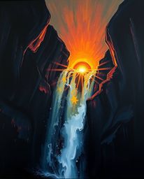 An intense jet black bold acrylic painting of a close-up shot of a sun setting behind a dramatic waterfall, featuring detaile