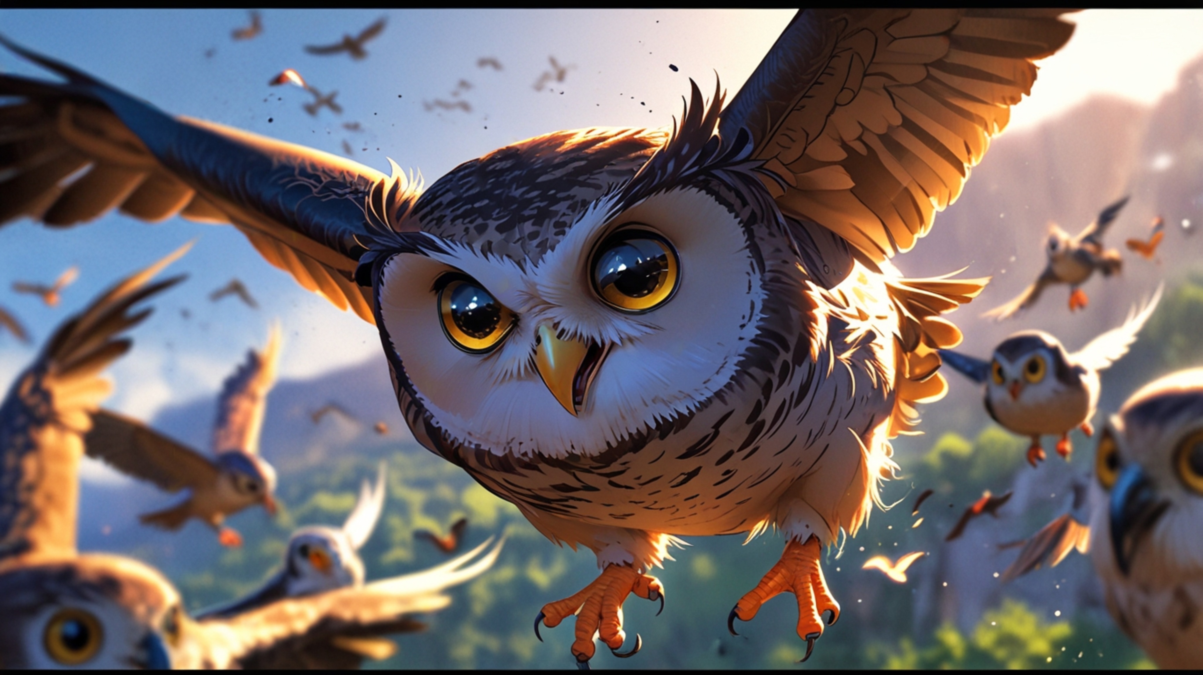In a heartwarming and celebratory scene, rendered in a delightful blend of Pixar and anime styles, a wise blind owl presides 