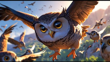 In a heartwarming and celebratory scene, rendered in a delightful blend of Pixar and anime styles, a wise blind owl presides 