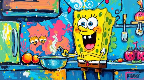 A bold acrylic painting showcases a whimsical sponge character immersed in the vibrant chaos of an underwater kitchen.  Elect