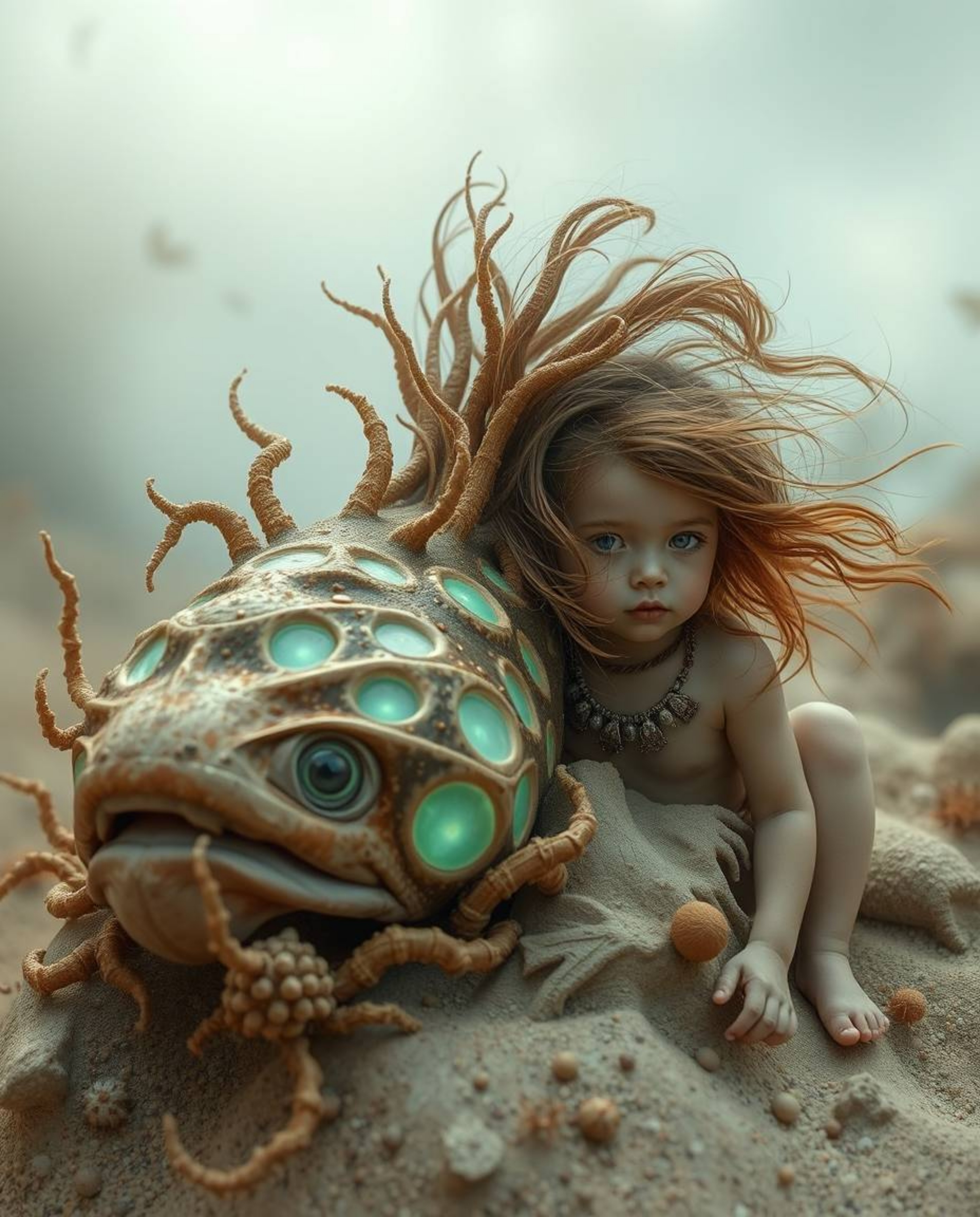 Discover a dreamlike surreal artwork featuring a bioluminescent sea creature befriending a human child.  The piece showcases 