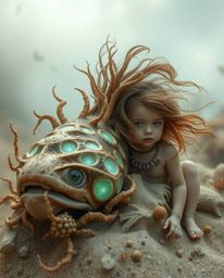 Discover a dreamlike surreal artwork featuring a bioluminescent sea creature befriending a human child. The piece showcases