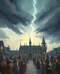 Immerse yourself in a world of young wizards at a magical school, rendered in soft pastel colors against a dramatic and storm