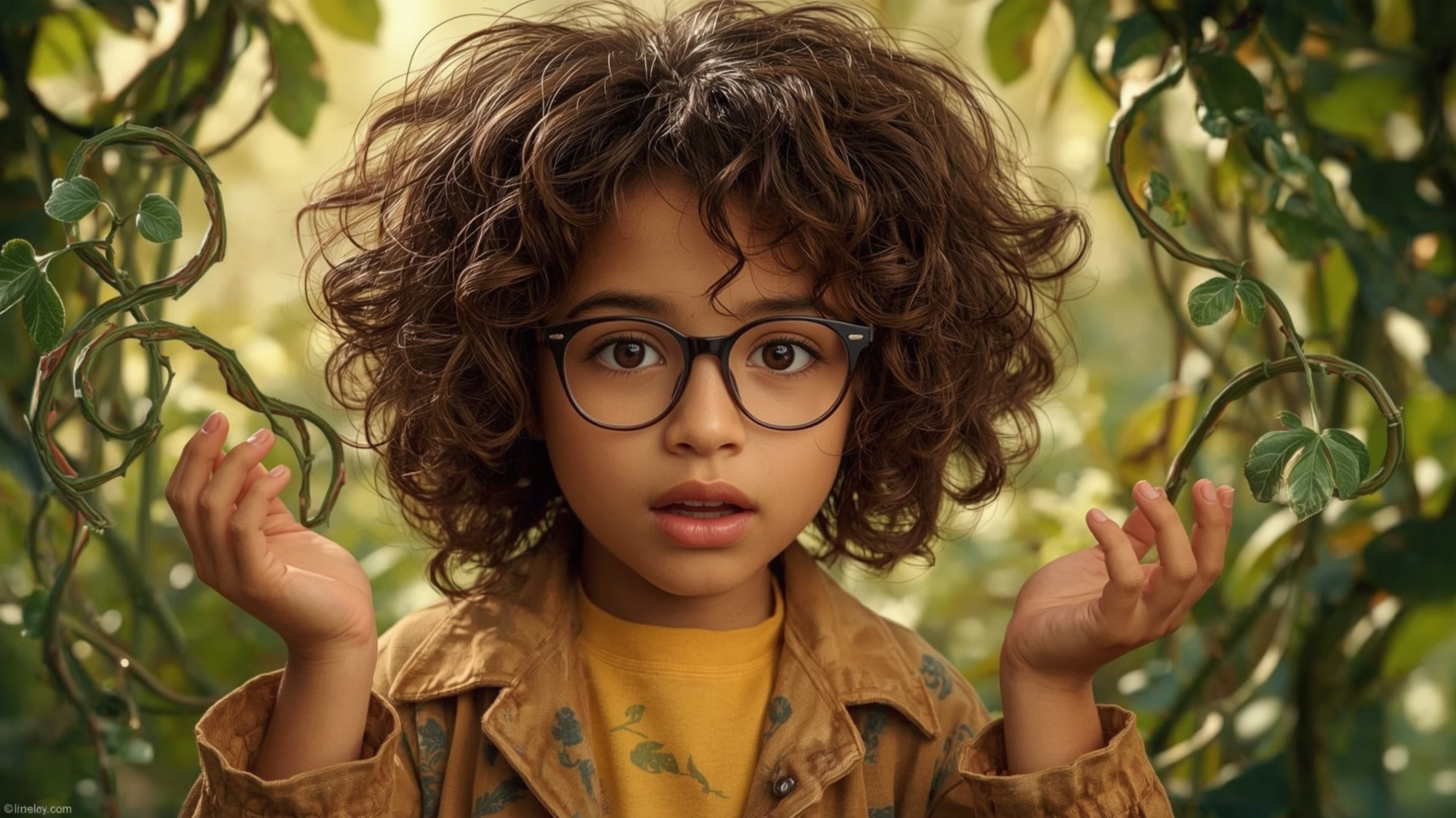 A highly detailed, high-resolution stock photo shows a bright-eyed, homeschooled genius with curly hair and thick-rimmed glas
