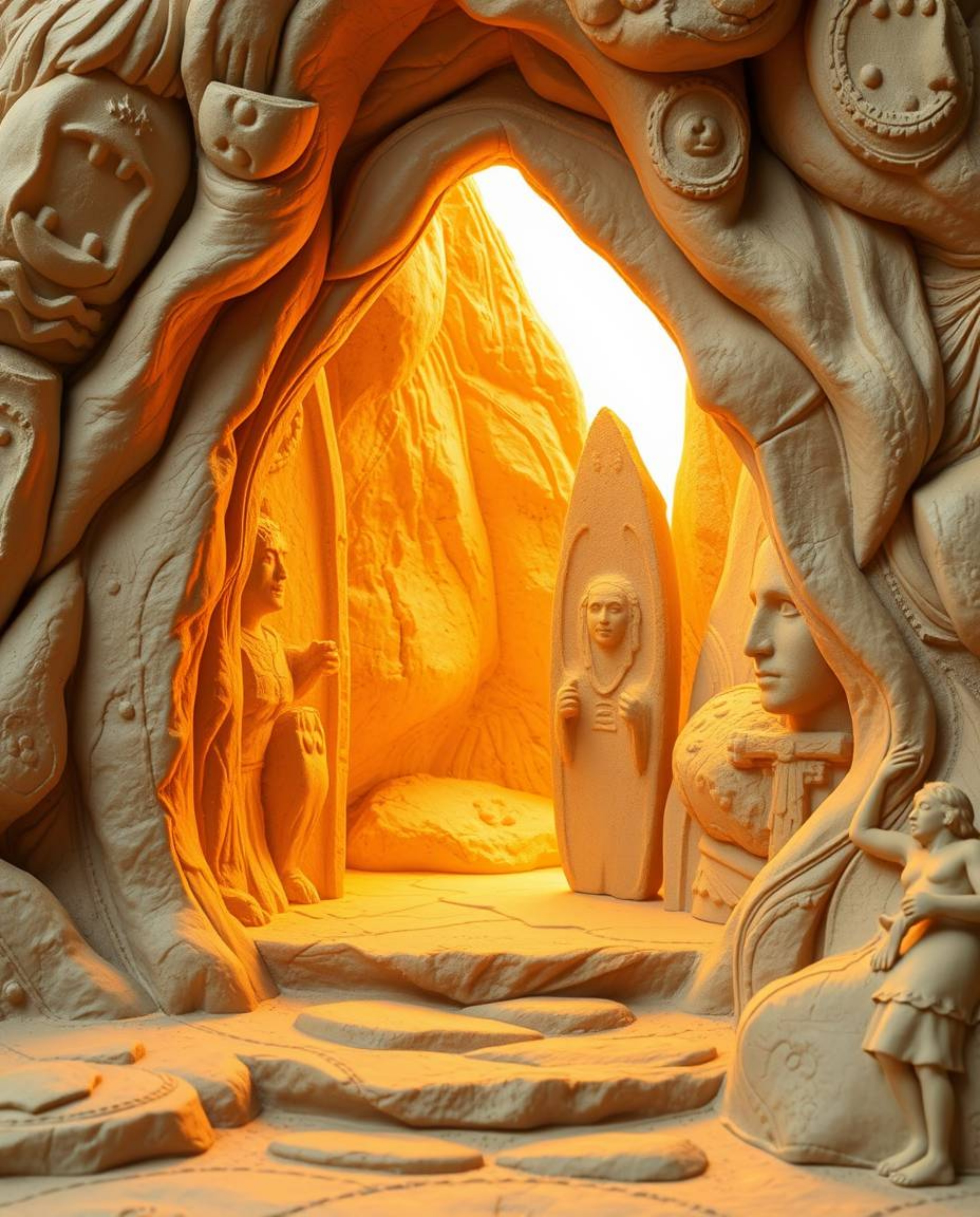 Explore the captivating beauty of sculptural clay art bathed in a warm golden glow, or perhaps discover an ancient doorway et