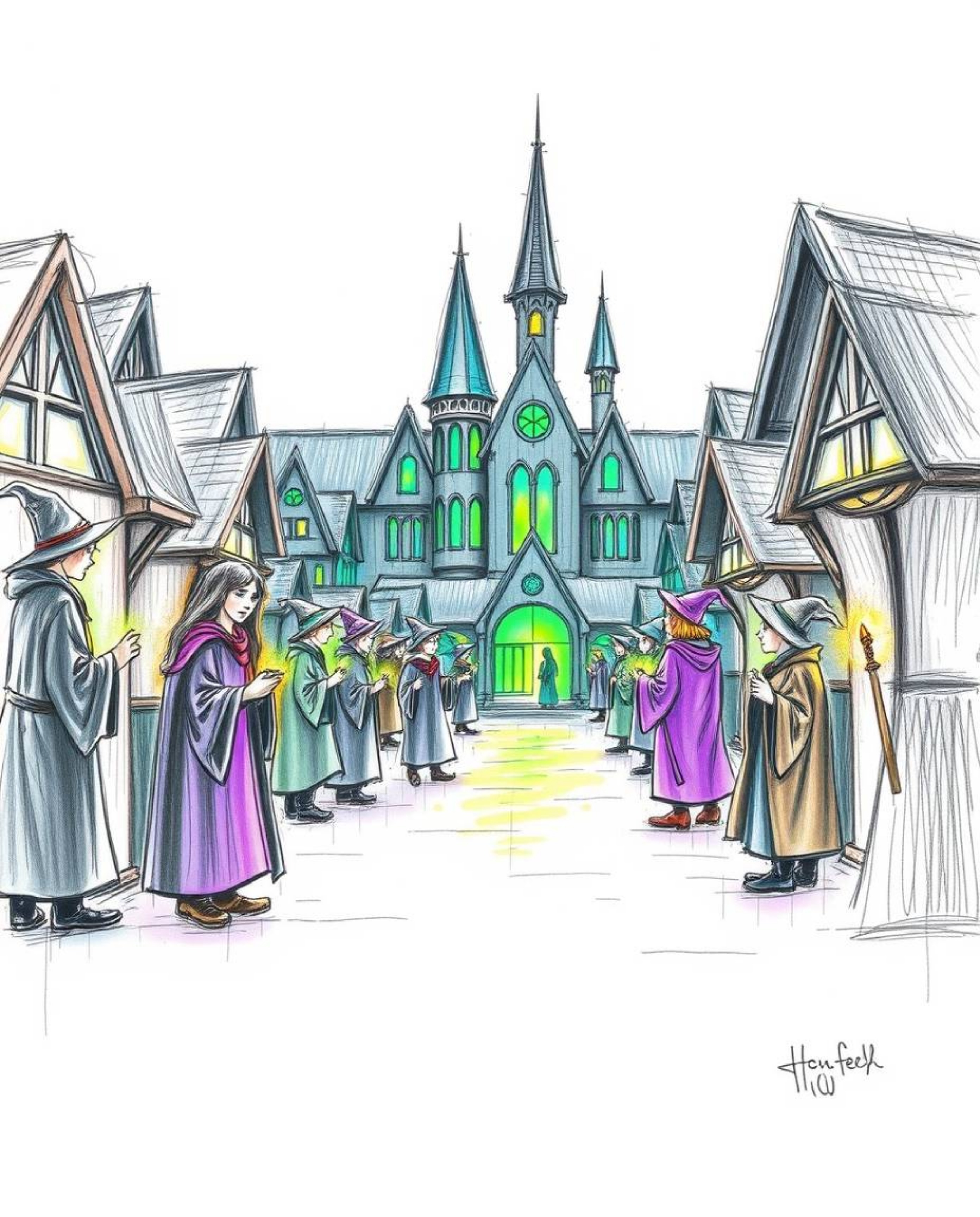 Discover a captivating hand-drawn sketch of a magical school brimming with young wizards.  Rendered in glowing bioluminescent