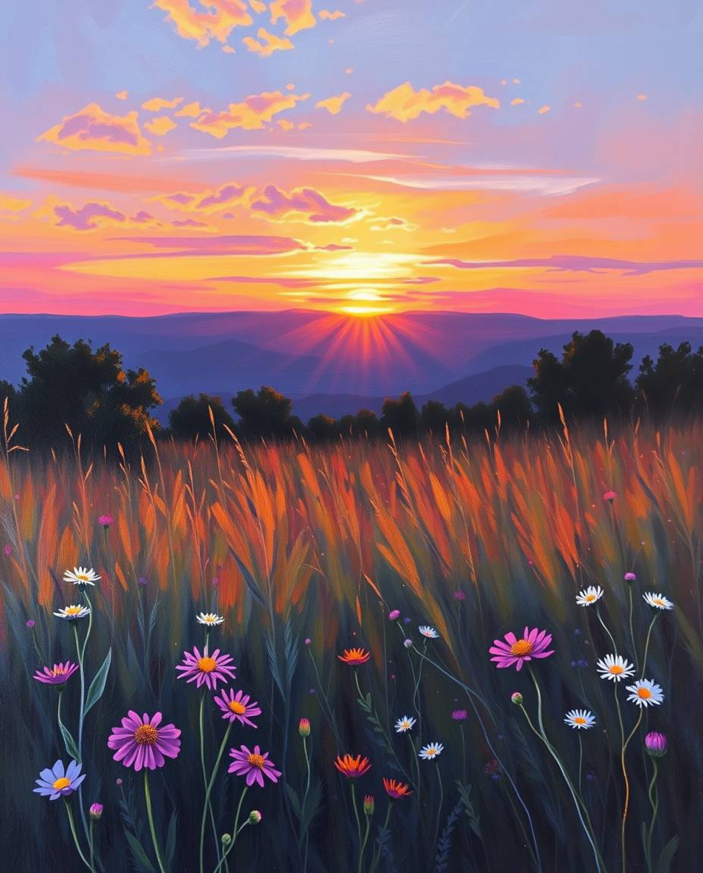 A classic oil painting portrays a stunning sunset over a spring wildflower meadow, distinguished by its deep ultraviolet hues