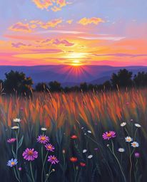 A classic oil painting portrays a stunning sunset over a spring wildflower meadow, distinguished by its deep ultraviolet hues