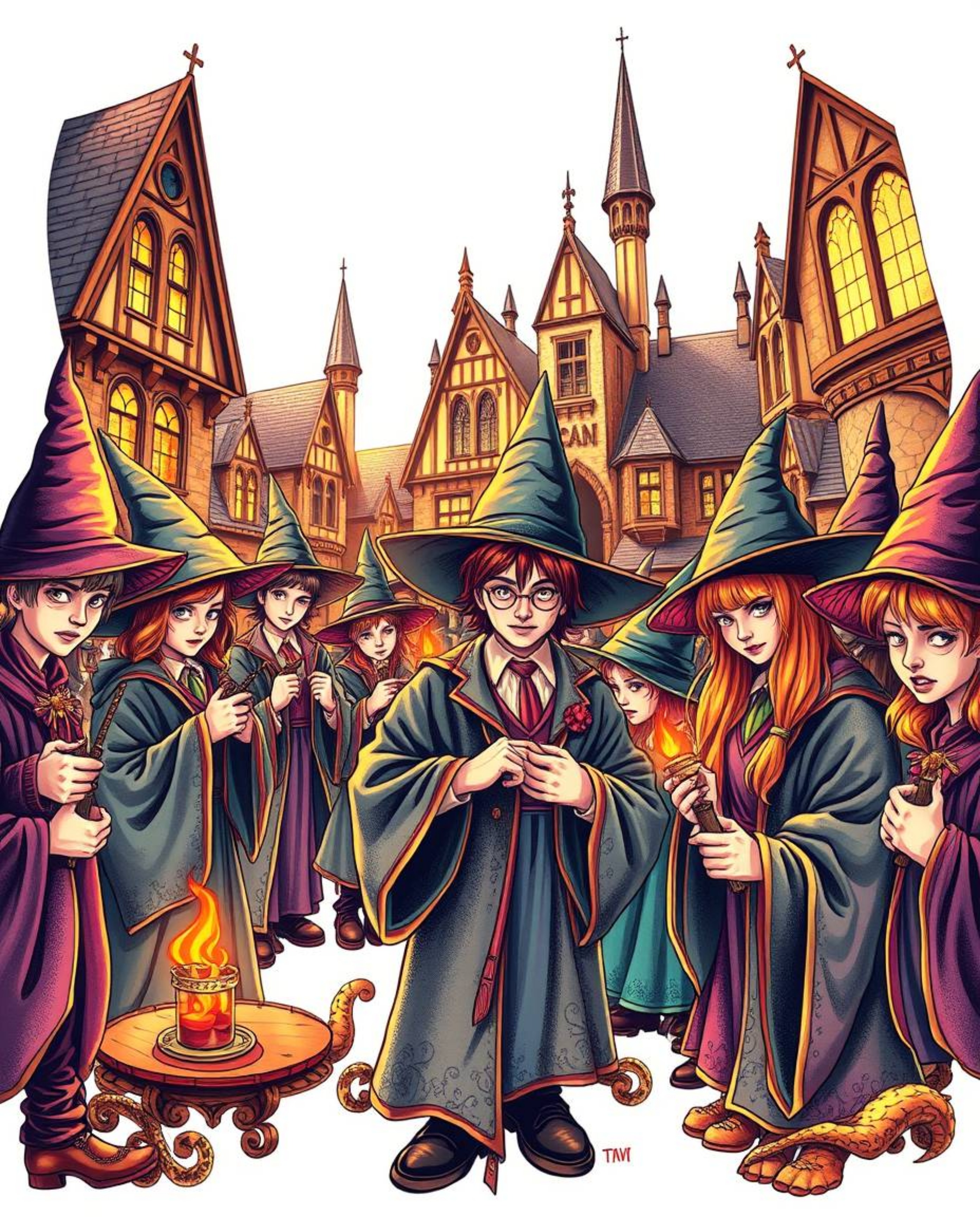 Discover a captivating illustration of a magical school brimming with young wizards.  Rendered in a warm golden glow with vib