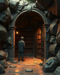 A digital rendering depicts a person's captivating discovery of a hidden underground library, meticulously crafted from cast 