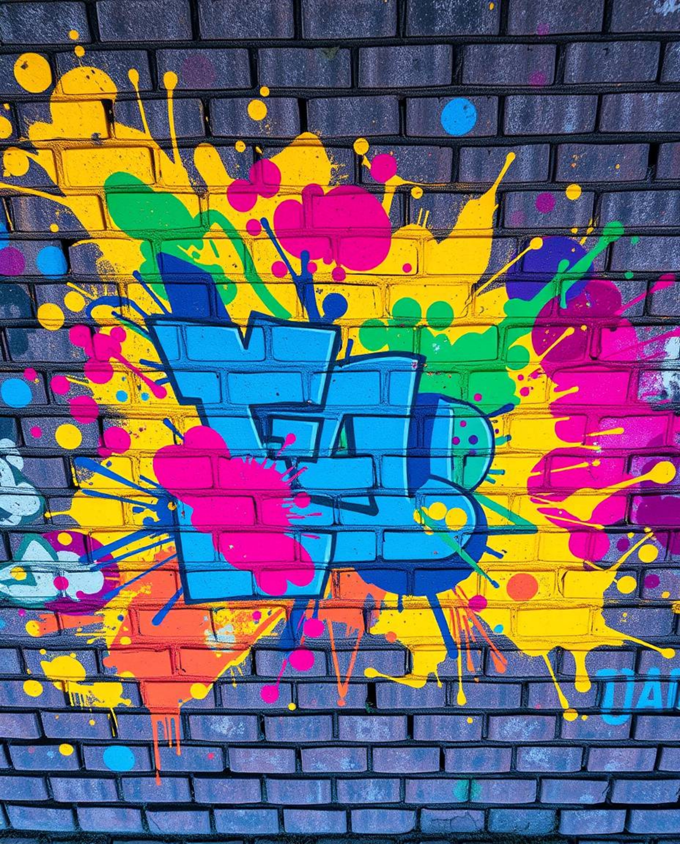 An overhead shot captures a stunning display of graffiti art on a brick wall.  The vibrant, colorful splashes showcase a dyna