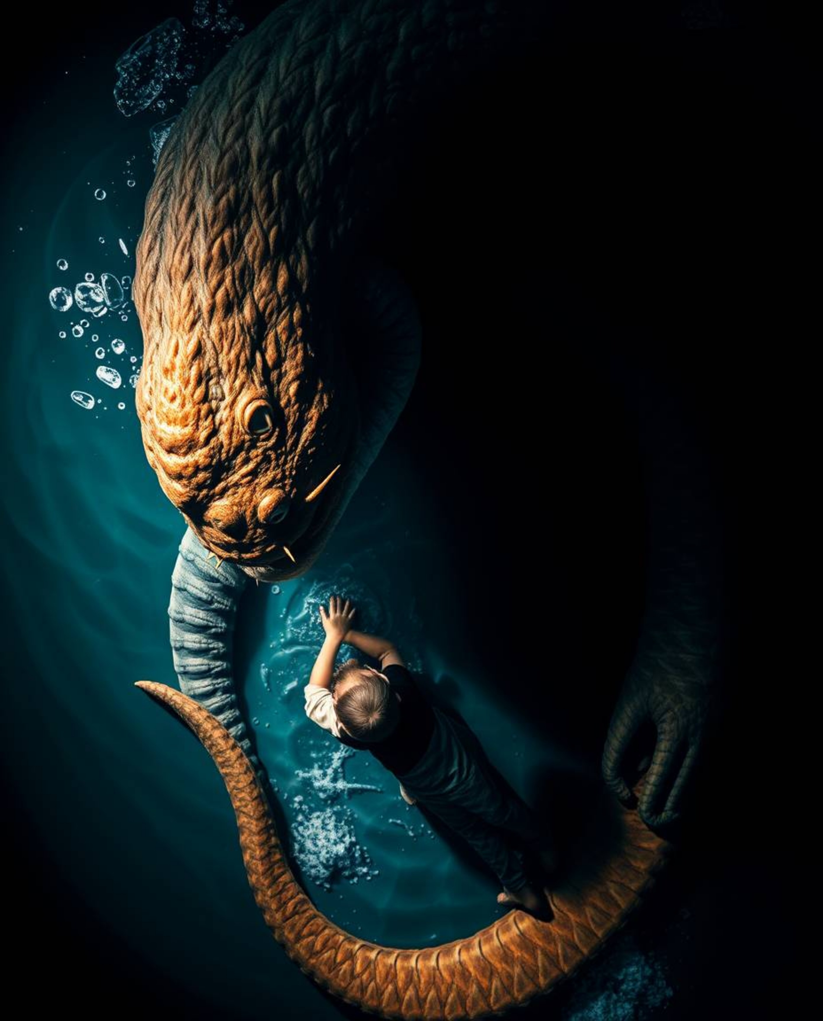 A heartwarming and visually striking image captures the unlikely friendship between a sea creature and a child. The high-cont