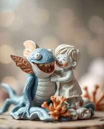 A heartwarming scene of a child and a whimsical sea creature playfully interacting, crafted with intricate layered papier-mâc