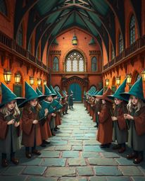Explore a breathtaking magical school teeming with young wizards, visualized in a stunning blend of warm terracotta and cool 