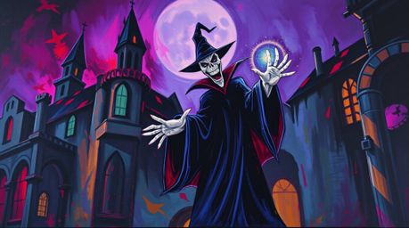 A captivating bold acrylic painting depicts a classic Disney villain casting a spell within a haunting old castle.  The artwo