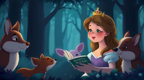 A delicate princess with rosy cheeks sings to a group of forest animals in a vintage 2D animation style. Bathed in cool blues