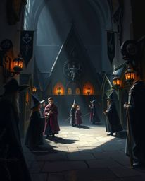 Explore a moody digital painting of a magical school teeming with young wizards. Rendered with strong hard light, this artwor