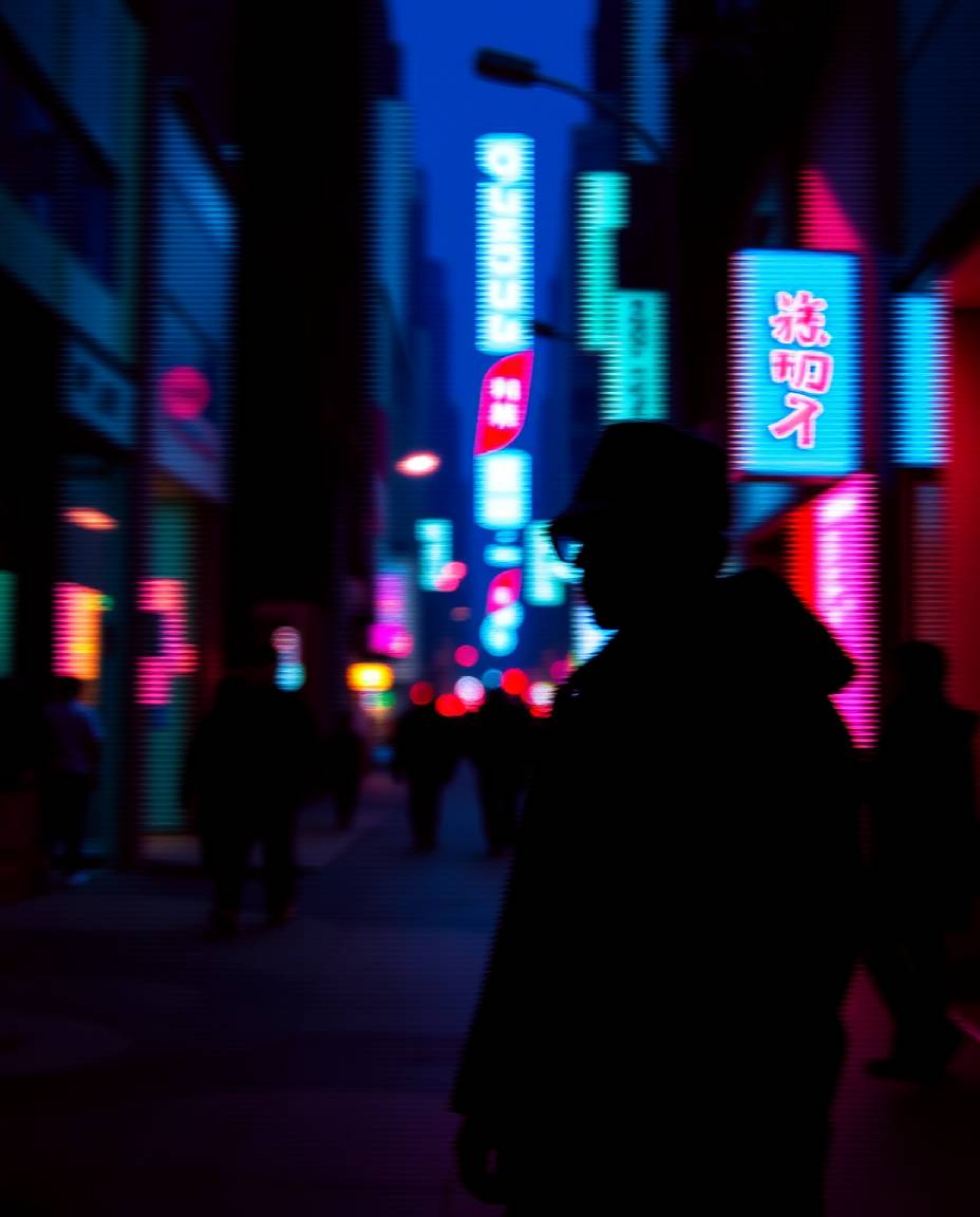 Explore a pixelated glitch image capturing a cyberpunk street scene bathed in silhouetted backlighting.  Rich burgundy and de
