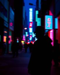 Explore a pixelated glitch image capturing a cyberpunk street scene bathed in silhouetted backlighting.  Rich burgundy and de