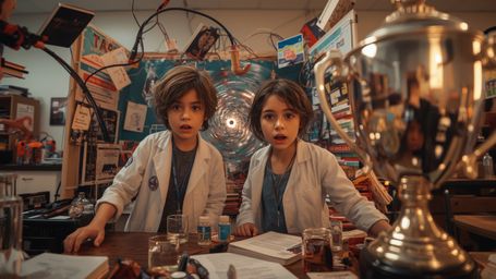 A highly detailed, cinematic photograph, in a vibrant, Pixar-inspired style, captures a dynamic duo of 12-year-old scientists