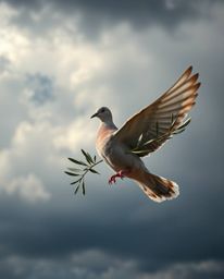 A stunning macro shot captures a dove carrying an olive branch through tumultuous, stormy skies. The image utilizes direct, h