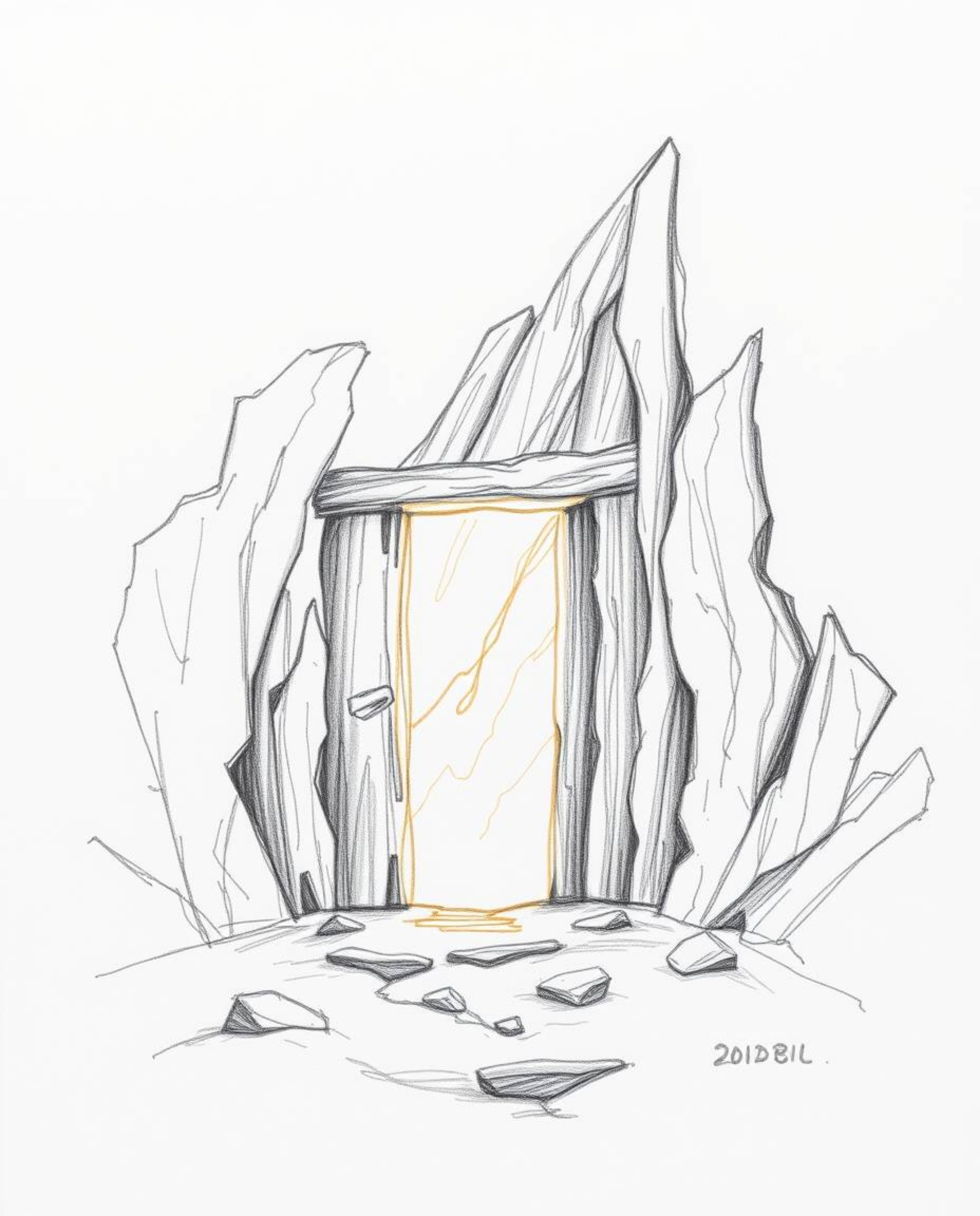 This artwork features an ancient doorway glowing with runes, set within the side of a mountain. Created as a hand-drawn sketc