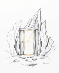 This artwork features an ancient doorway glowing with runes, set within the side of a mountain. Created as a hand-drawn sketc