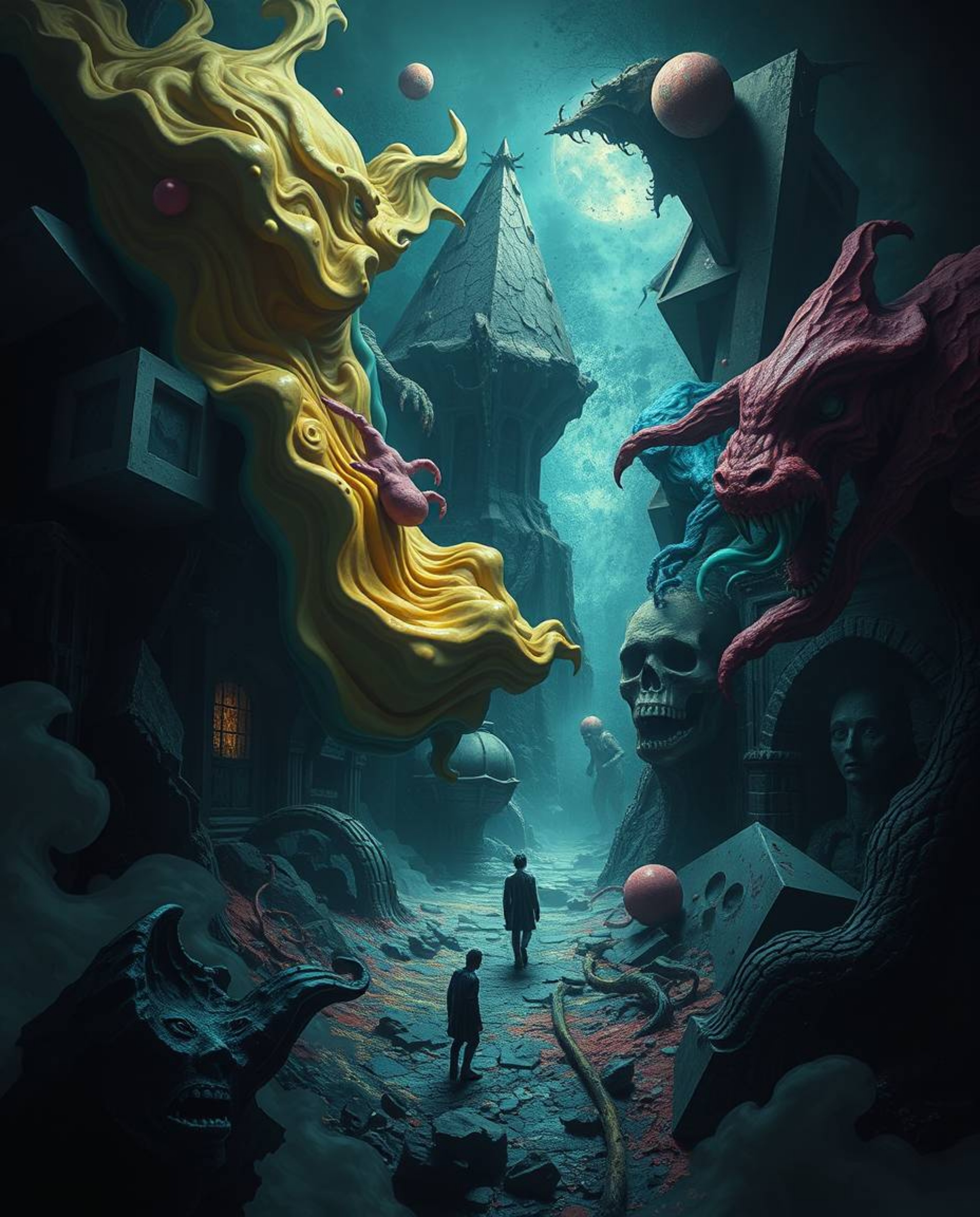 Explore a dreamlike and surreal image with an eerie and creepy atmosphere. Colorful 3D fluid shapes dynamically interact with