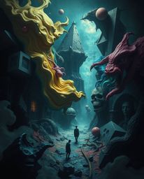 Explore a dreamlike and surreal image with an eerie and creepy atmosphere. Colorful 3D fluid shapes dynamically interact with