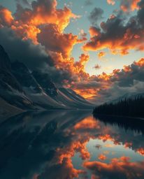 A digital illustration of a mountain lake reflecting fiery clouds, showcasing a smooth gradient transition of intense, dramat