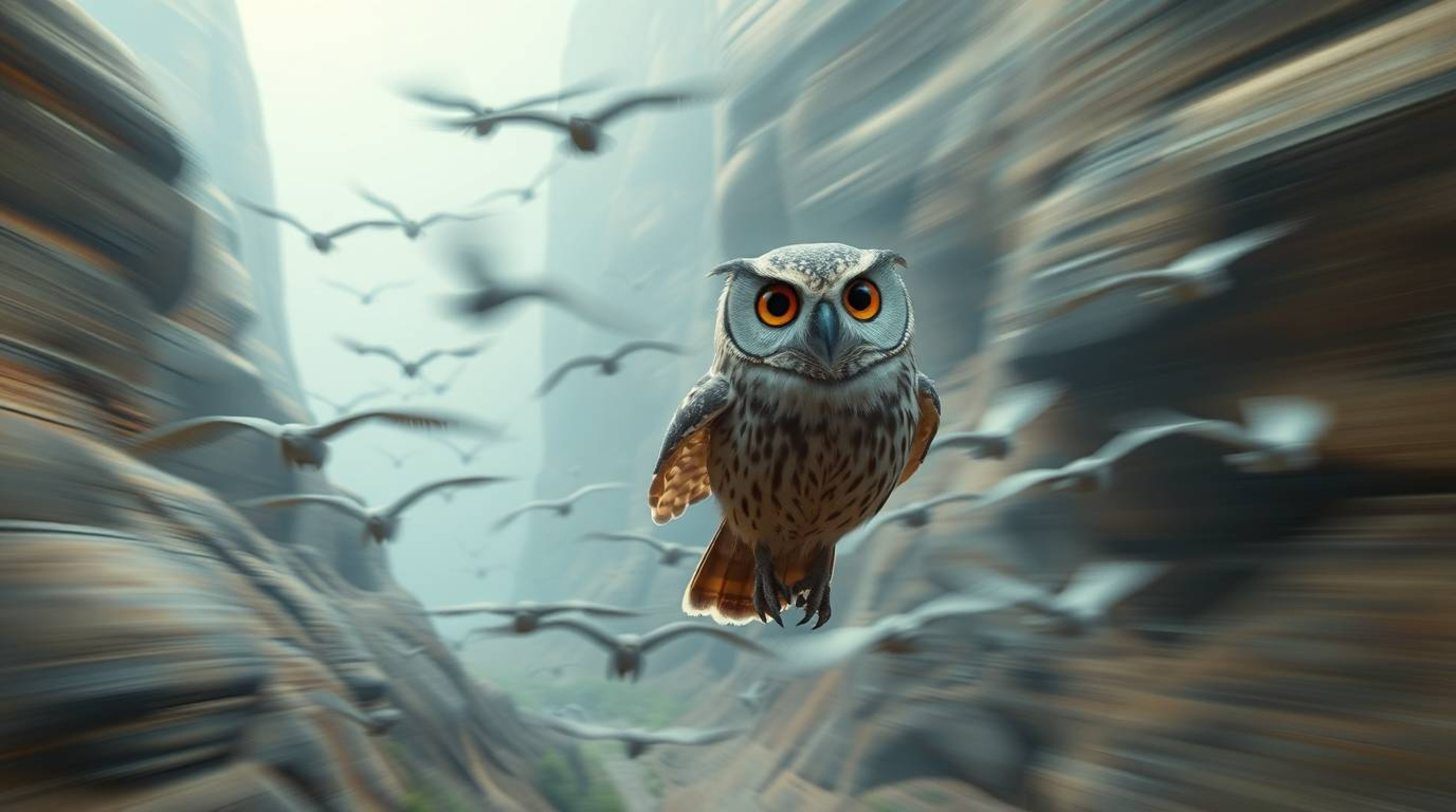 This cinematic photograph features a blind owl, Pixar-esque in its design, as it leads a flock of birds through a majestic ca