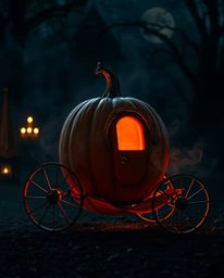 A captivating high-resolution stock photo showcases a pumpkin magically transforming into a carriage.  Styled with dramatic c