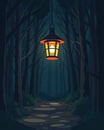 A captivating scene featuring a glowing lantern illuminating a dark forest, rendered in a modern flat design style. The artwo