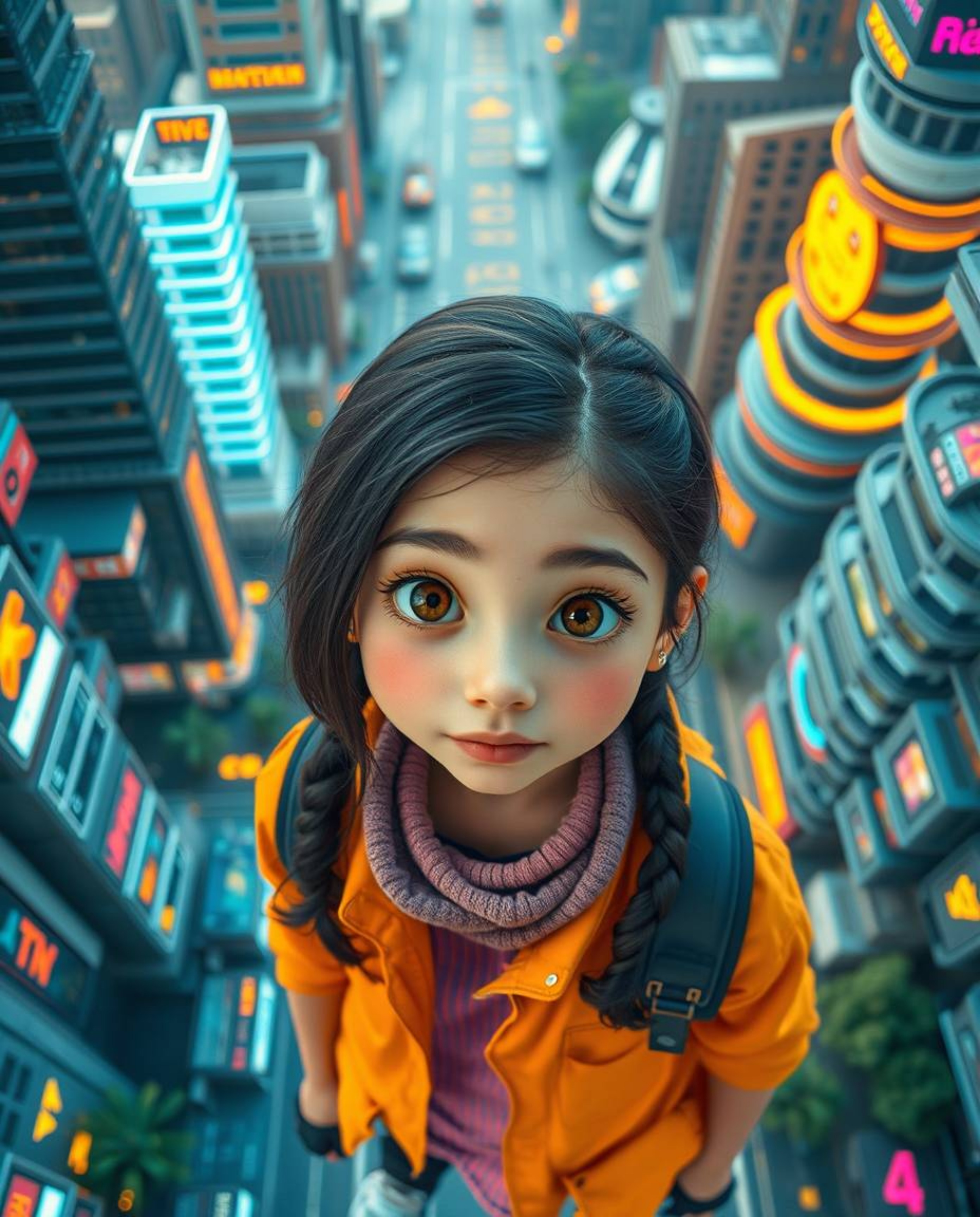 This high-resolution stock photo captures a young inventor girl with dark hair and brown eyes in a vibrant, futuristic city r