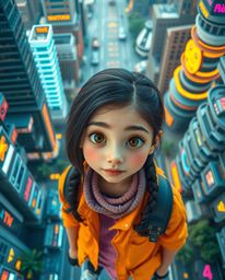 This high-resolution stock photo captures a young inventor girl with dark hair and brown eyes in a vibrant, futuristic city r